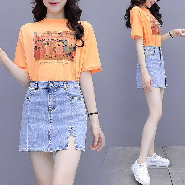 Jauna modeļa vasaras sieviešu t-kreklu komplekts ar aplikāciju un džinsa svārkiem