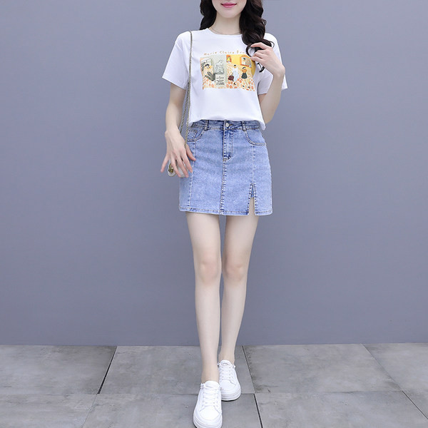 Jauna modeļa vasaras sieviešu t-kreklu komplekts ar aplikāciju un džinsa svārkiem