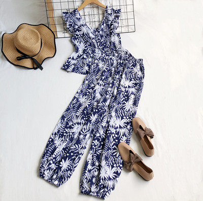 Naiste komplektne pluus V-kaelusega ja kõrge vöökohaga püksid