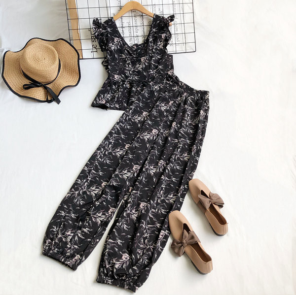 Naiste komplektne pluus V-kaelusega ja kõrge vöökohaga püksid