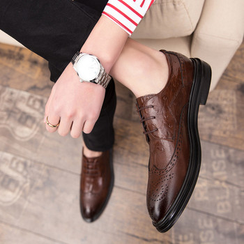 Мъжки официални кожени обувки с връзки-заострен модел