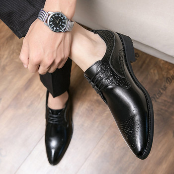 Нов модел мъжки заострени обувки от изкуствена кожа в черен и кафяв цвят