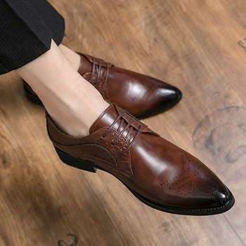 Нов модел мъжки заострени обувки от изкуствена кожа в черен и кафяв цвят