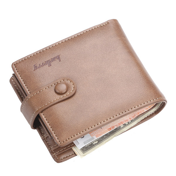 Vīriešu maks ar uzrakstu un pogu aizdari