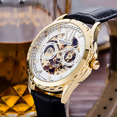 Meeste mehaaniline käekell kunstnahast nahast rihmaga