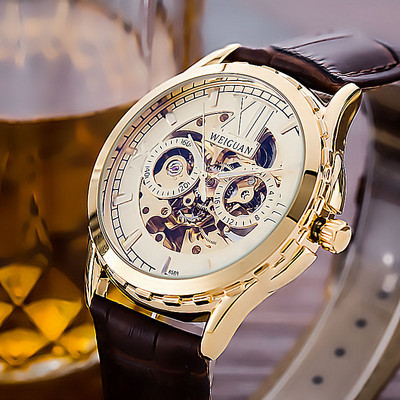 Meeste mehaaniline käekell kunstnahast nahast rihmaga