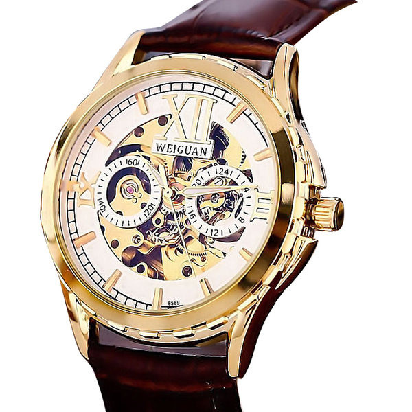 Meeste mehaaniline käekell kunstnahast nahast rihmaga