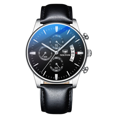 Modernus vyriškas laikrodis su dirbtinės odos apyranke