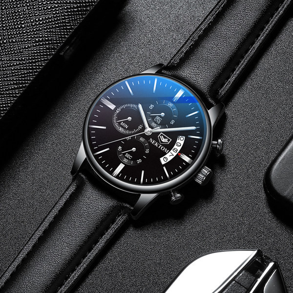 Modernus vyriškas laikrodis su dirbtinės odos apyranke
