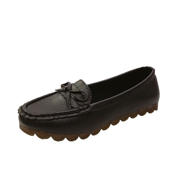 Дамски кожени мокасини с равна подметка и панделка