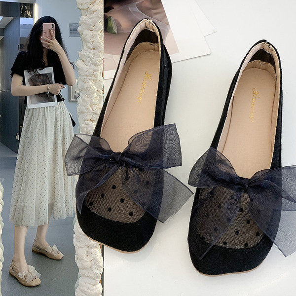 Mocasini de dama din piele intoarsa ecologica si tul cu panglica