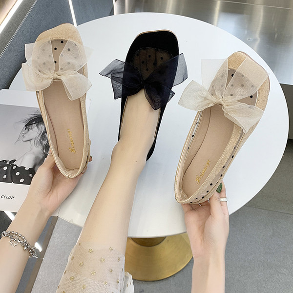 Mocasini de dama din piele intoarsa ecologica si tul cu panglica