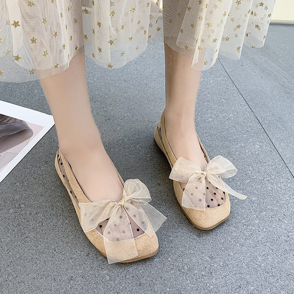 Mocasini de dama din piele intoarsa ecologica si tul cu panglica