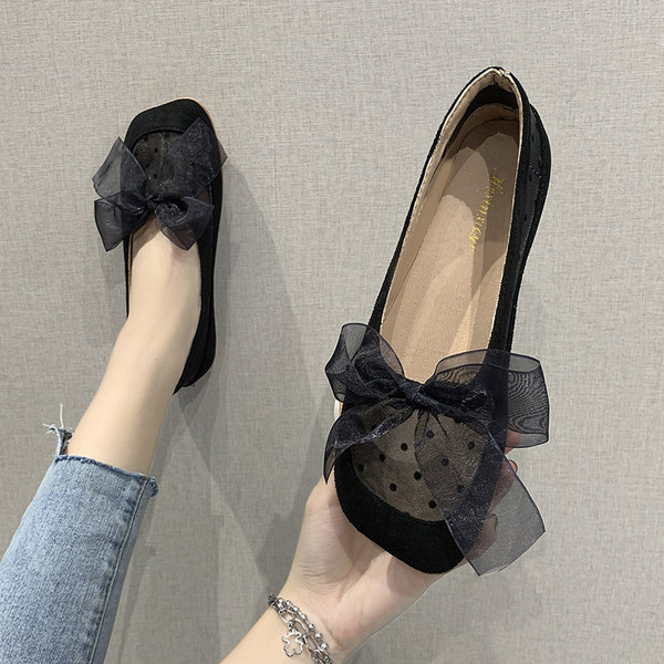 Mocasini de dama din piele intoarsa ecologica si tul cu panglica