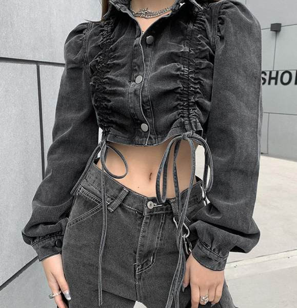 Rövid farmerdzseki puffos ujjakkal, ráncolt hatású