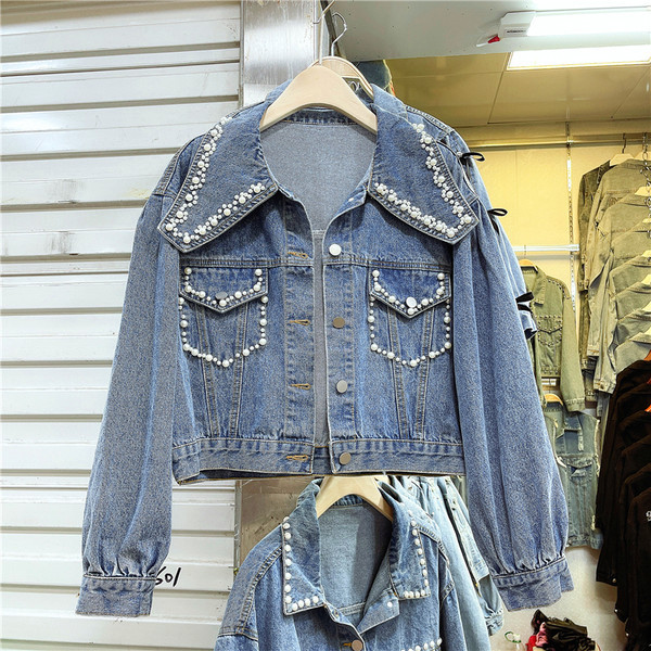 Női farmer dzseki gyöngyökkel - retro stílusú