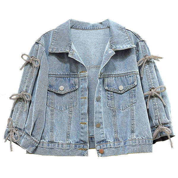 Új modell női farmerdzseki szalagokkal