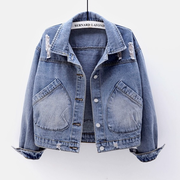 Női farmerdzseki zsebekkel - szakadt motívum