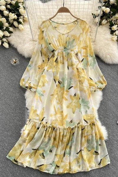 Virágmintás hosszú női ruha elasztikus derékkal