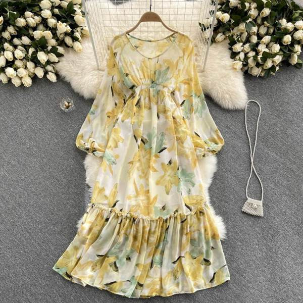 Virágmintás hosszú női ruha elasztikus derékkal