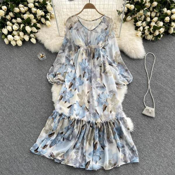 Virágmintás hosszú női ruha elasztikus derékkal