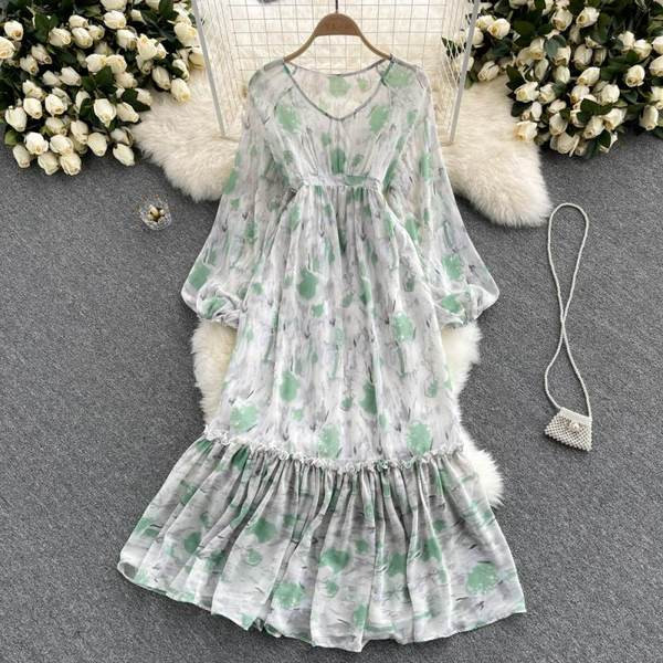 Virágmintás hosszú női ruha elasztikus derékkal