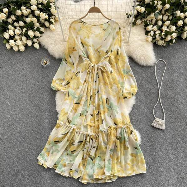 Virágmintás hosszú női ruha elasztikus derékkal