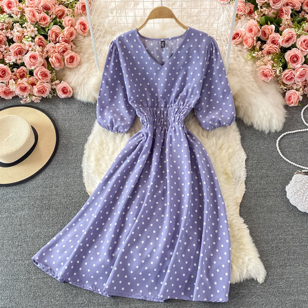 Pöttyös, rövid ujjú női alkalmi ruha