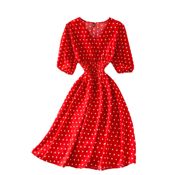 Pöttyös, rövid ujjú női alkalmi ruha