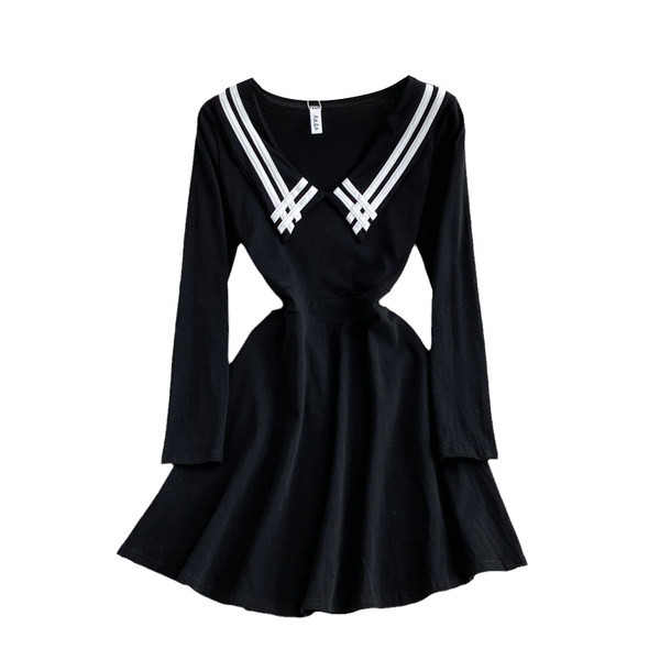 Női ruha spitz nyakkivágással és hosszú ujjú - két színben