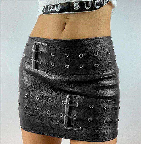 Rövid ökobőr szoknya fém csatokkal