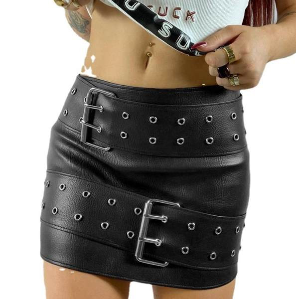 Rövid ökobőr szoknya fém csatokkal