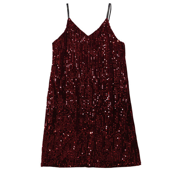 Stílusos, fényes női ruha flitterekkel és spitz nyakkivágással