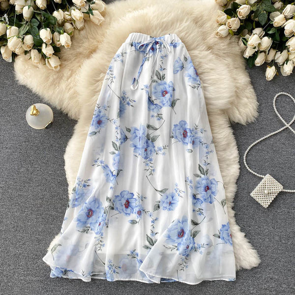 Női hosszú virágszoknya, magas derékkal