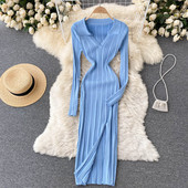 Rochie casual de dama de toamna din tricotat subtire cu decolteu spitz