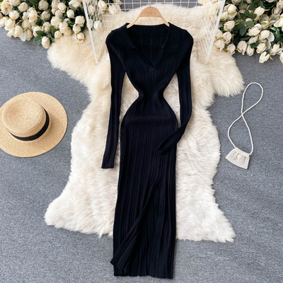 Rochie casual de dama de toamna din tricotat subtire cu decolteu spitz