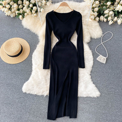 Casual γυναικείο φόρεμα με σχισμή και σπιτσάκι λαιμόκοψη