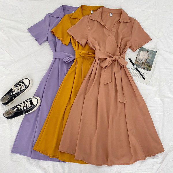 Νέο μοντέλο γυναικείο φόρεμα με ζώνη και κοντά μανίκια