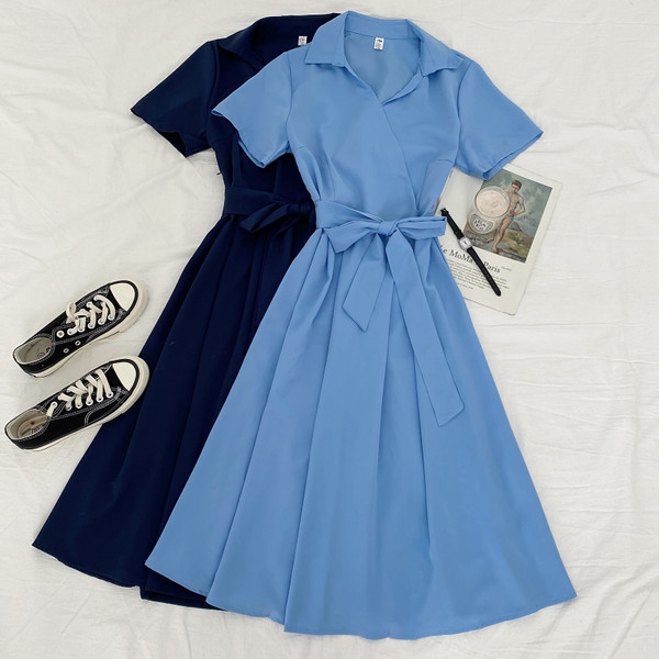 Νέο μοντέλο γυναικείο φόρεμα με ζώνη και κοντά μανίκια