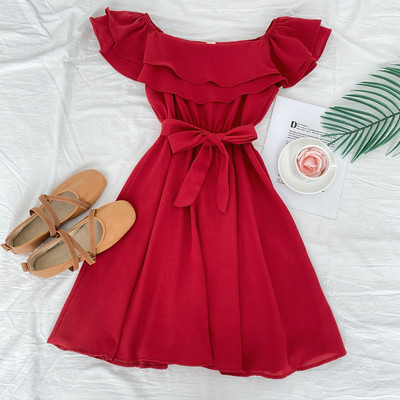 Νέο μοντέλο γυναικείο φόρεμα με ζώνη και λαιμόκοψη σκάφους