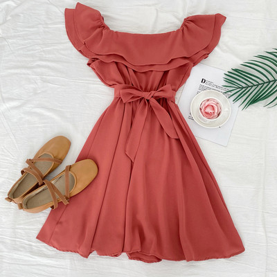 Νέο μοντέλο γυναικείο φόρεμα με ζώνη και λαιμόκοψη σκάφους