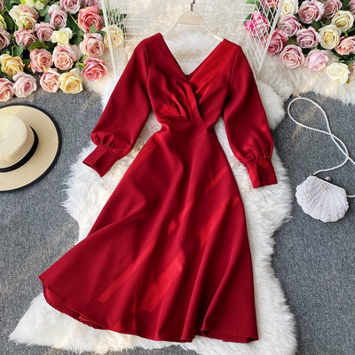 Γυναικείο φόρεμα με λαιμόκοψη spitz και μακριά μανίκια - διάφορα  χρώματα