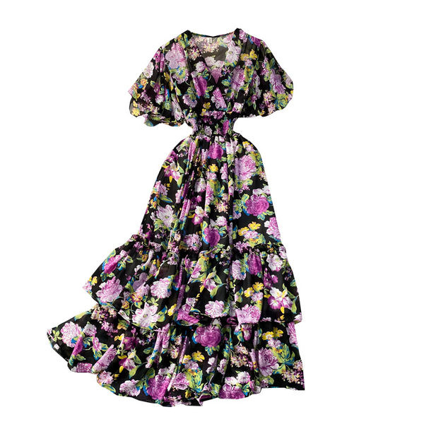 Дамска рокля с флорален десен и шпиц деколте в няколко цвята