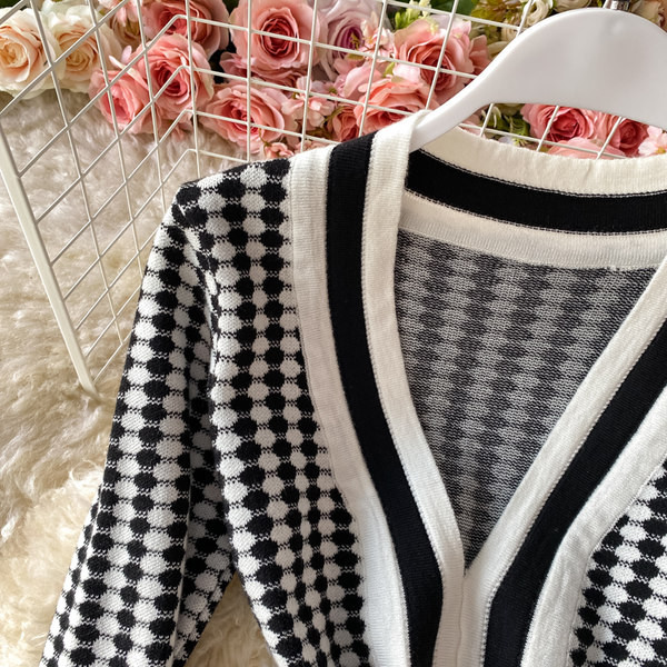 Naiste ruuduline kleit sügava kaelusega ja pikkade varrukatega