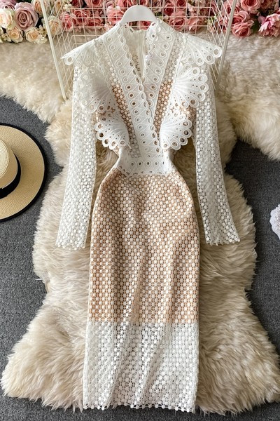 Stiilne naiste kleit pikkade varrukate ja spitsikaelusega – mitut värvi