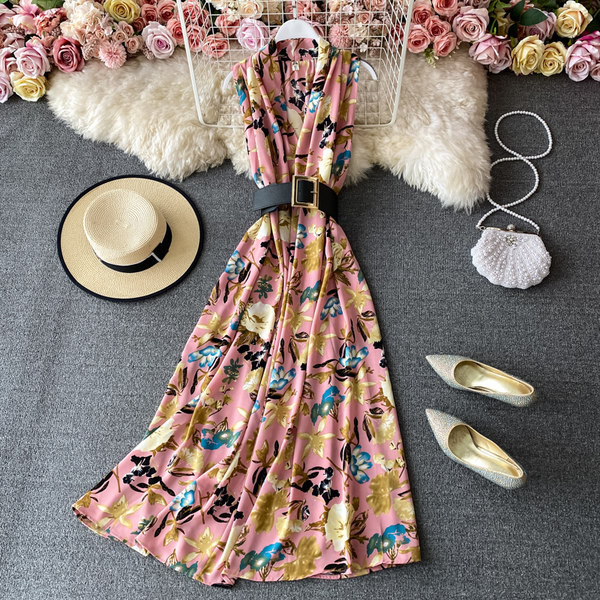 Rochie lunga de dama model nou cu curea si decolteu spitz