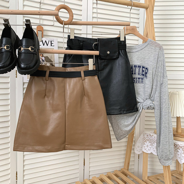 Uus mudel naiste lühike kunstnahast seelik koos vööga