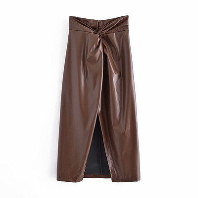 Μακριά δερμάτινη φούστα με ζώνη και σχισμή