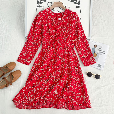 Νέο μοντέλο γυναικείο φθινοπωρινό φόρεμα με spitz λαιμόκοψη και μακριά μανίκια