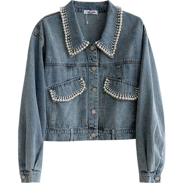 Női farmer dzseki gyöngyökkel és gombokkal